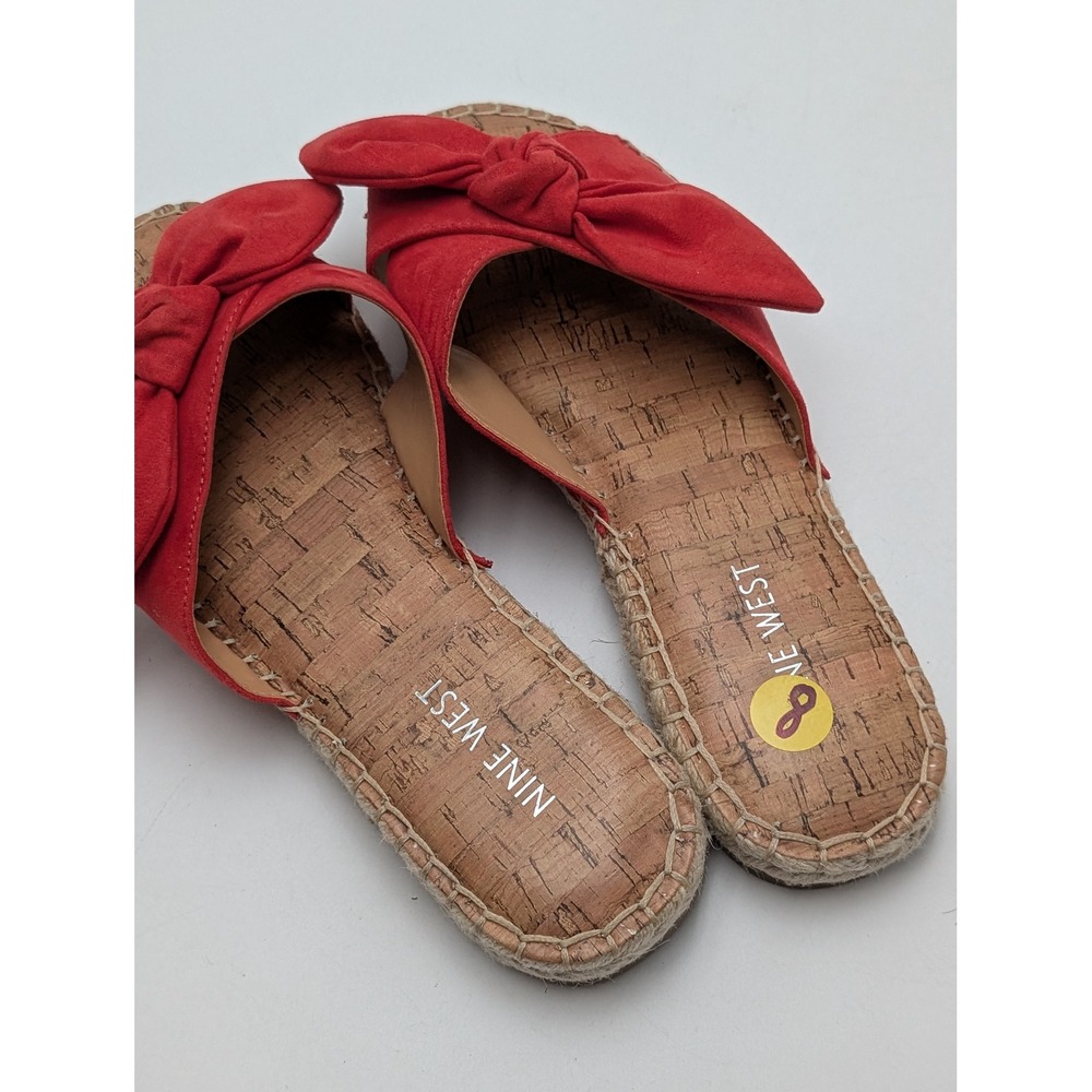 Nine West Sandals Women 8 Red Slide Espadrille Bow Cork Flat Slip On Summer Boho - Picture 4 of 6